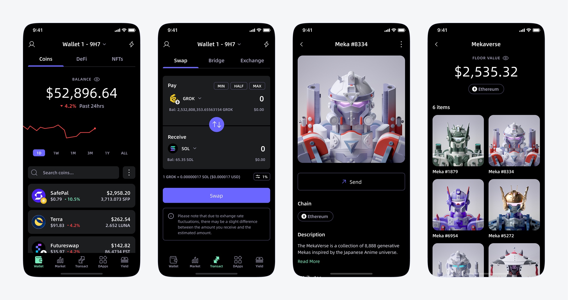 SafePal design system in dark mode